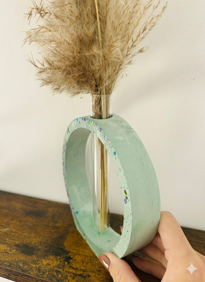 Vase Soliflore Rond en Plâtre Céramique Vert Pailleté - Livré avec ses Fleurs séchées