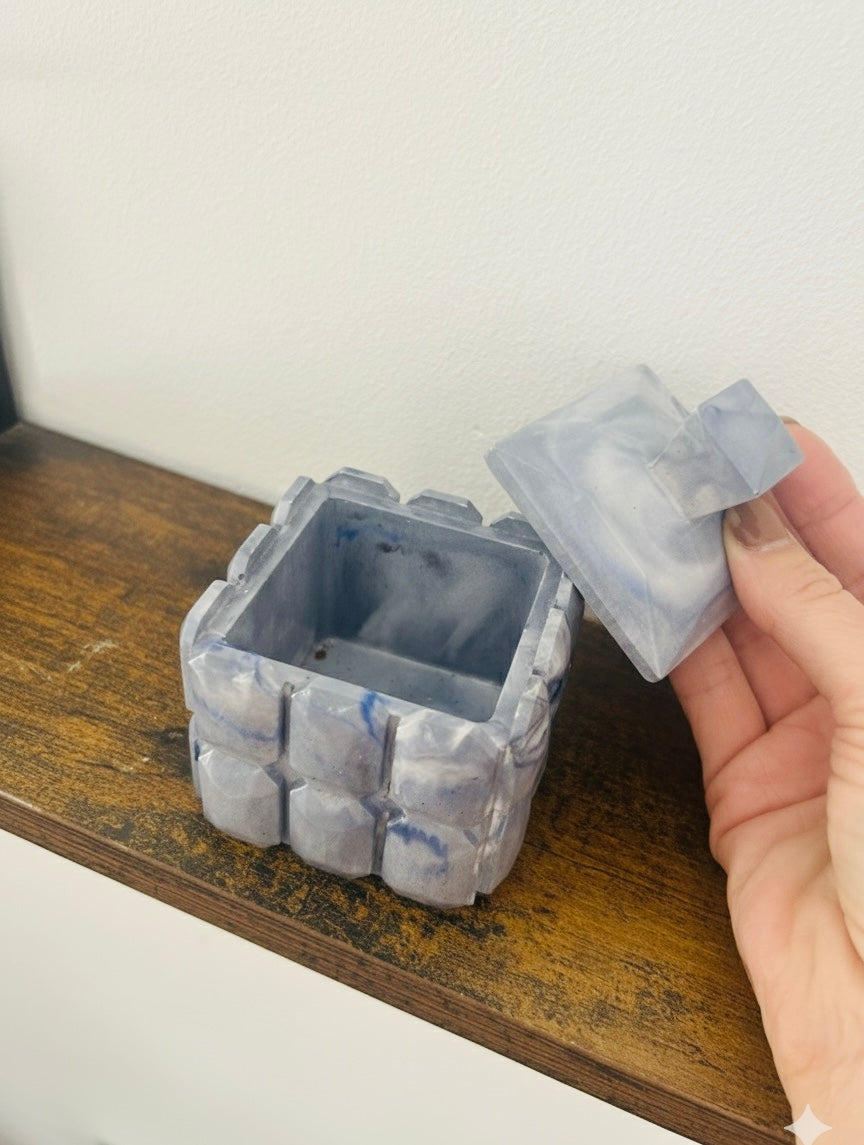 Boîte Design Rétro Carrée en Plâtre Céramique - Bleu Marbré