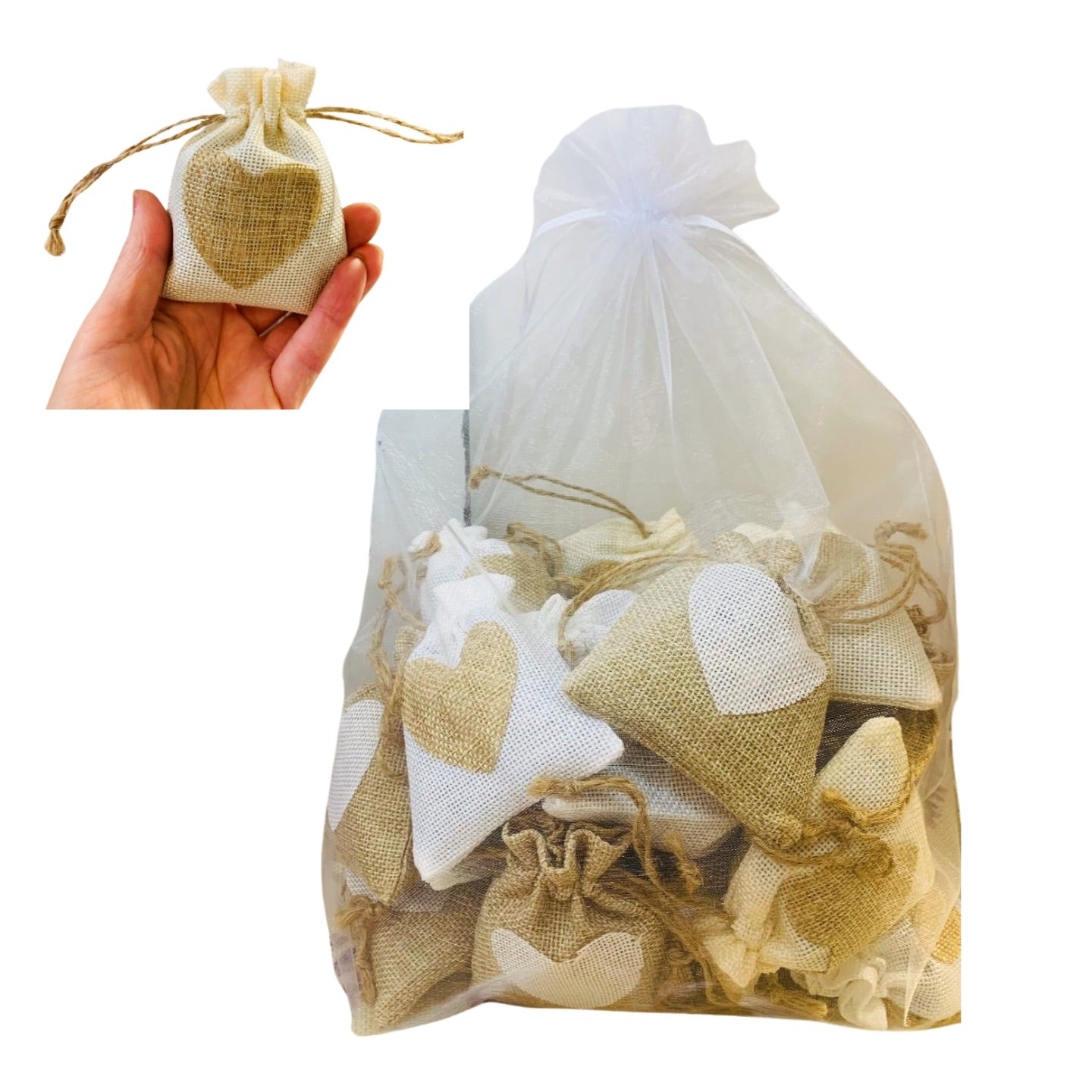 Lavandin - Lot de 10 Sachets Cœur - Toile de Jute - 10 g par sachet - Marron et Blanc